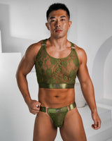 Ultra-Fine Lace Crop Top & Jock Thong Set - Army Green / Gold