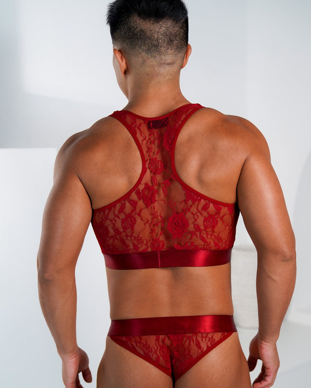Ultra-Fine Lace Crop Top & Jock Thong Set - Merlot / Gold