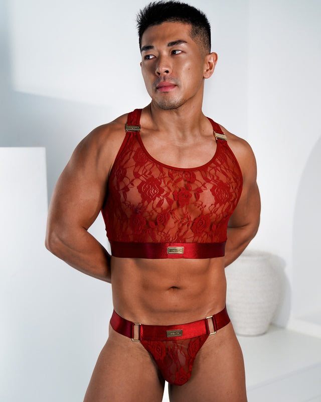 Ultra-Fine Lace Crop Top & Jock Thong Set - Merlot / Gold