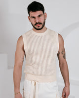 Men’s Sleeveless Crochet Vest - Beige
