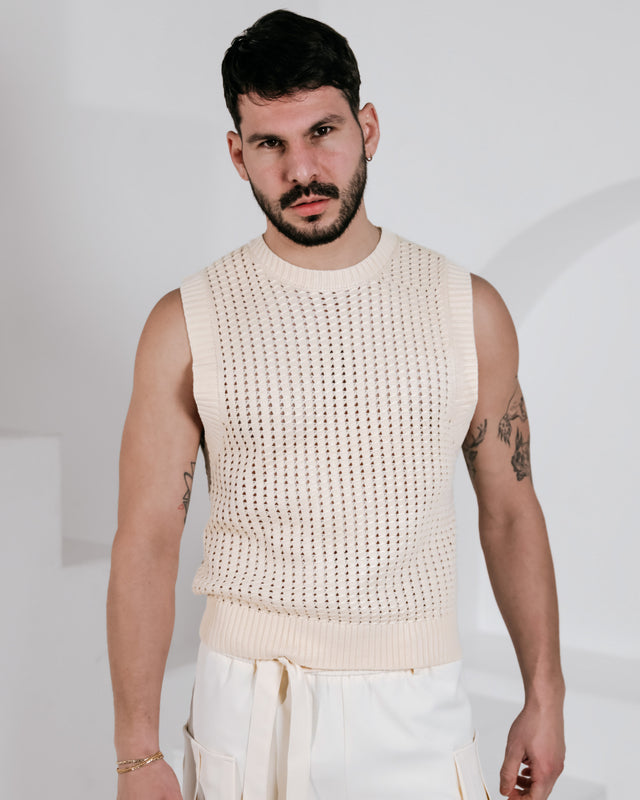 Men’s Sleeveless Crochet Vest - Beige
